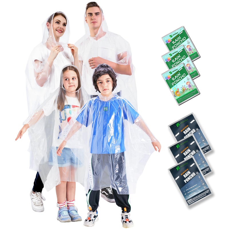 SWOGAA Disposable Rain Ponchos for Kids and Adults (Family 6 Pack) -50% Extra Thicker Men or Women Waterproof Emergency Rain Ponchos with Hood - Image 1